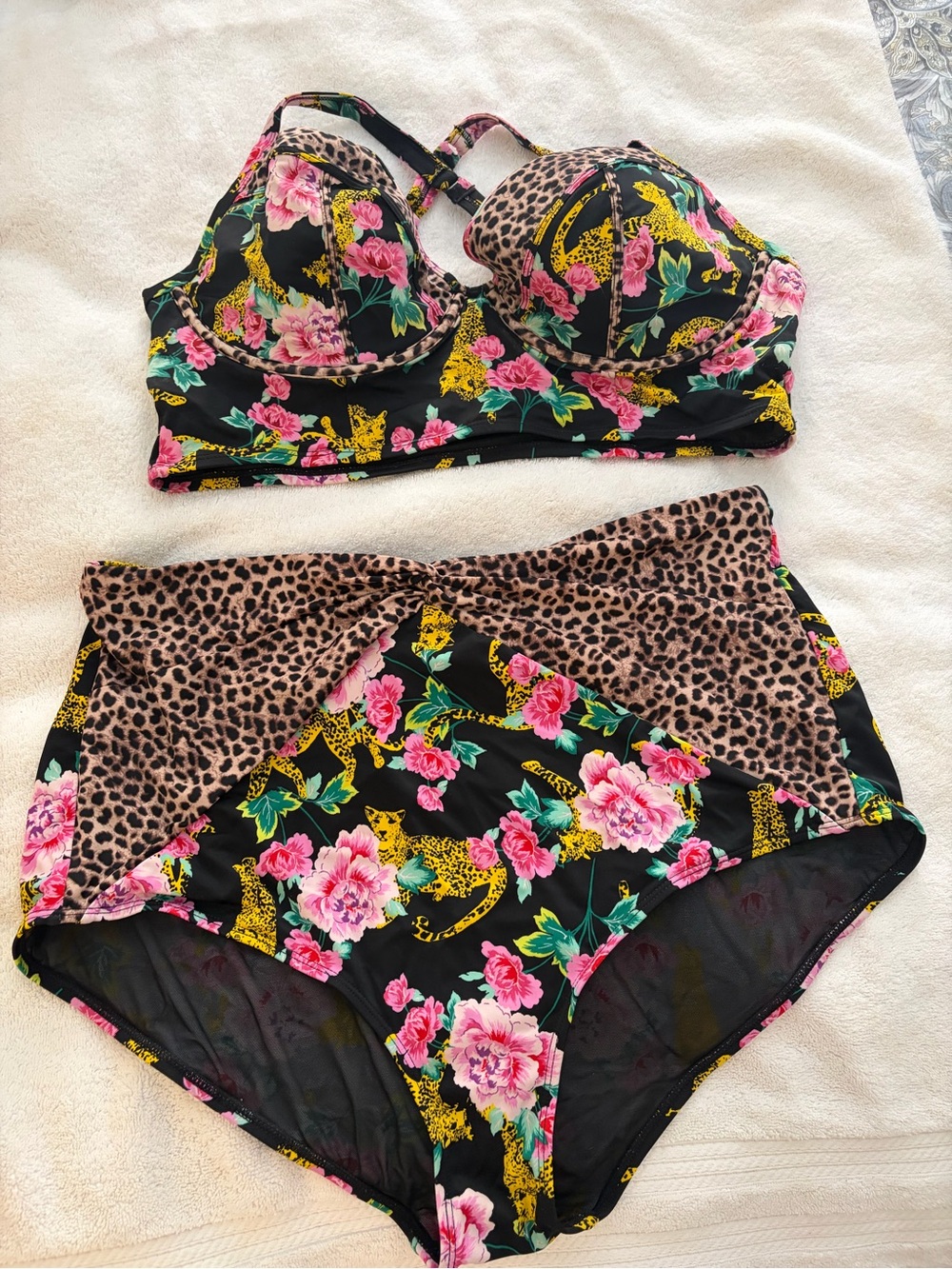 torrid Black Floral & Leopard High-Waist Bikini Set with Pink and Yellow Accents